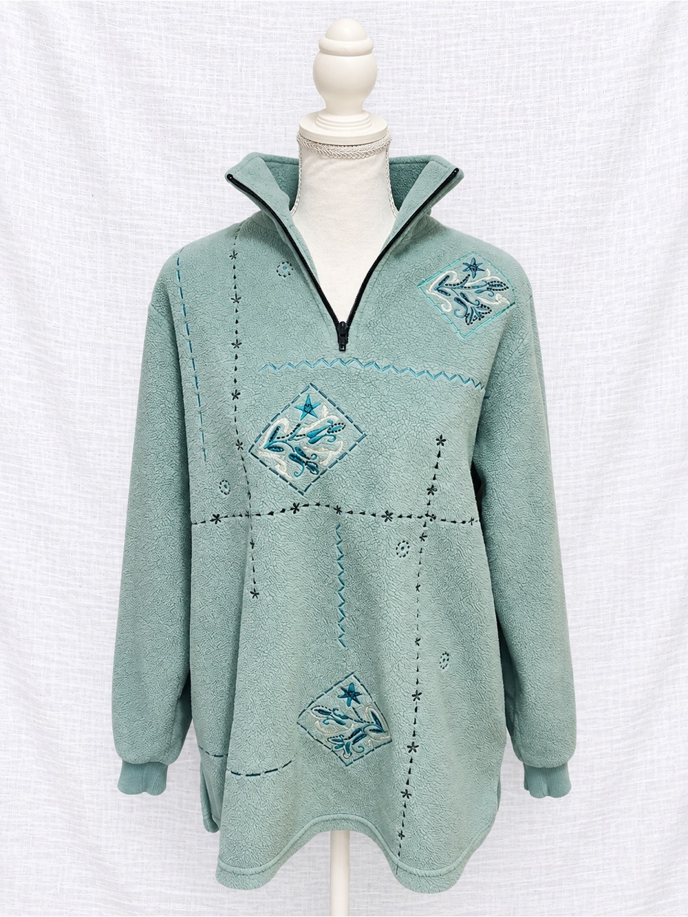 Vintage Style Seafoam Embroidered Quarter Zip Fleece Pullover Women’s L